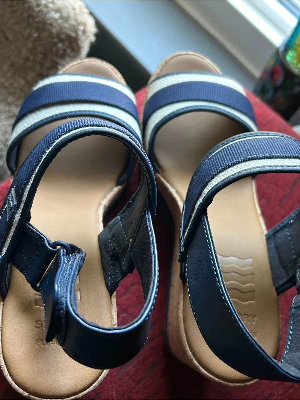 Sperry Navy and Cream Striped Wedge Sandals - Women